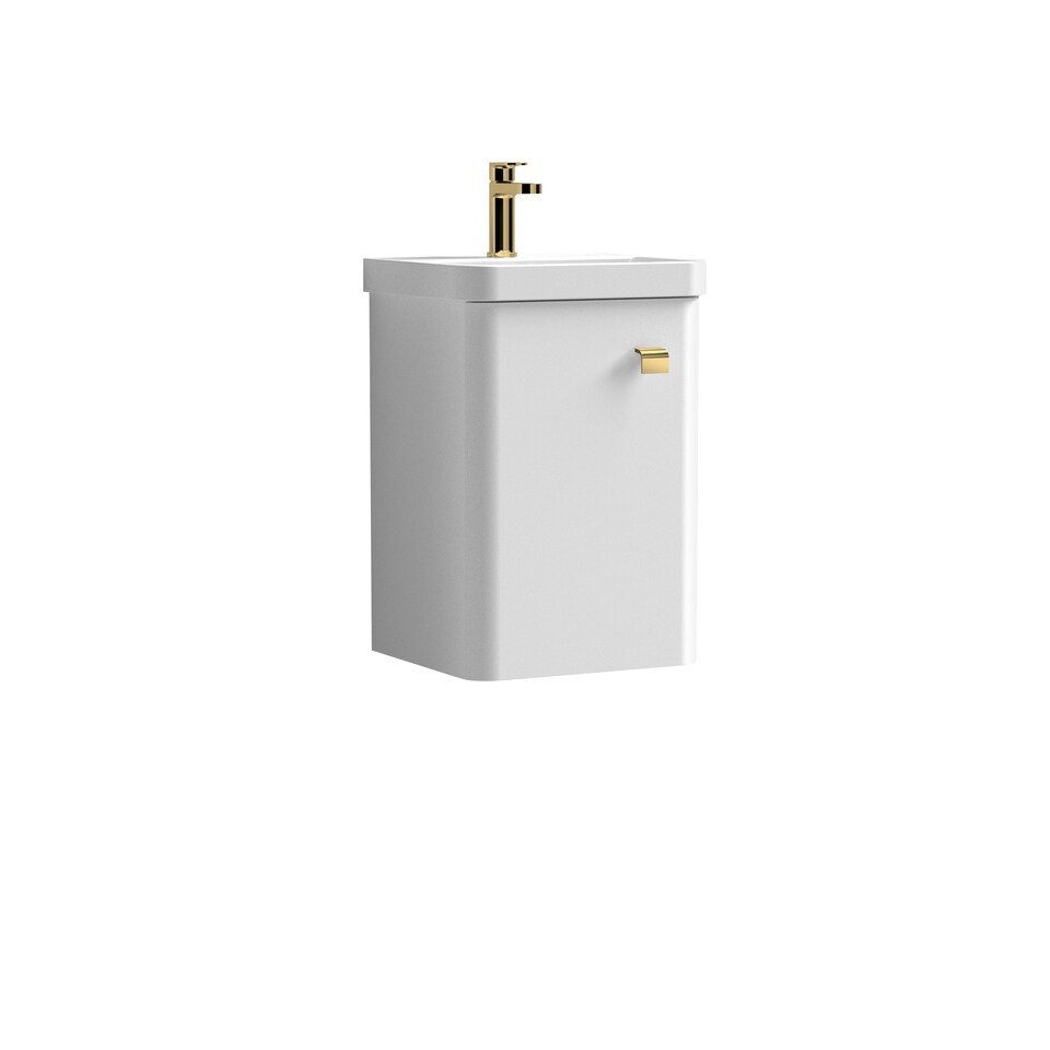 Curve Wall Hung 1 Door Vanity Basin Unit - 400mm - Gloss White with Bushed Brass Drop Handle (Tap Not Included) White