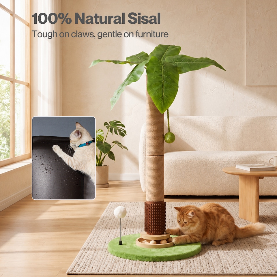 image 1 of Skylos Cat Scratching Post Palm Tree Cat Scratcher With Brush Toy Indoor Green