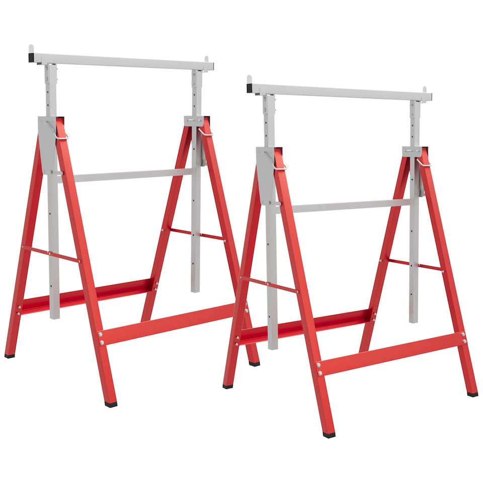 image 1 of HOMCOM Set Of 2 Steel Saw Horses Telescopic Builders Work Bench Folding Red