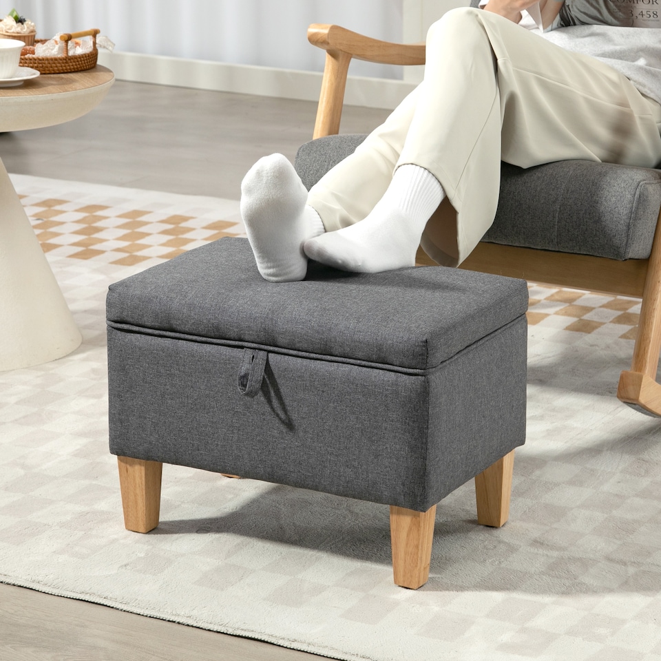 image 1 of HOMCOM Linen Storage Ottoman Storage Box with Rubberwood Legs, Charcoal Grey | Grey