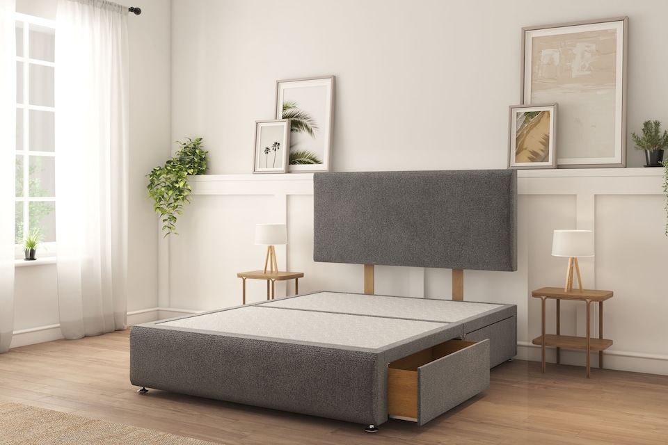 image 1 of Sloomy Rutherford Graphite Tweed Divan Bed With Mattress 2 Drawers Left 26" Strutted Headboard & 12" Footboard 4'6 Double