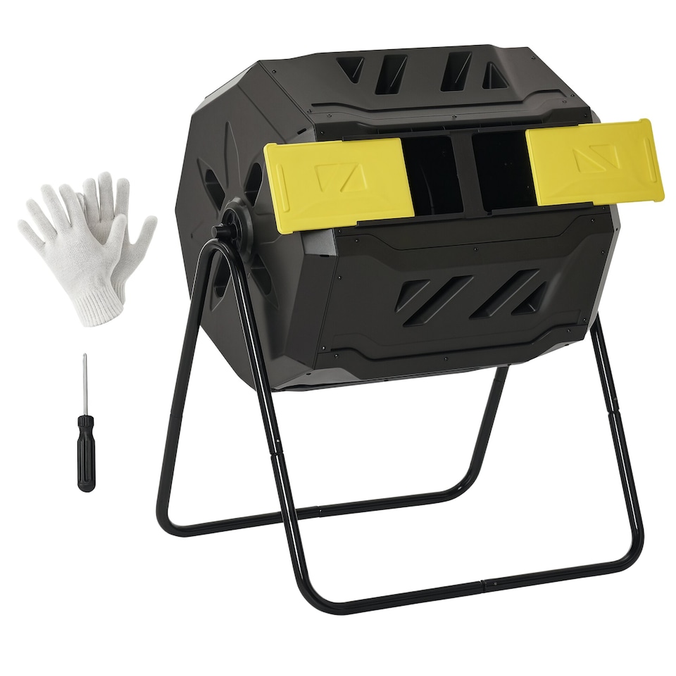 image 1 of Outsunny 160L Outdoor Tumbling Compost Bin with Dual Chamber | Yellow | Yellow | One Size