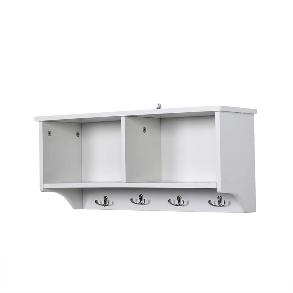 image 1 of Coat Hook Wall Mounted Unit 2 Open Shelves 4 Robe Hooks Bathroom Hallway | White