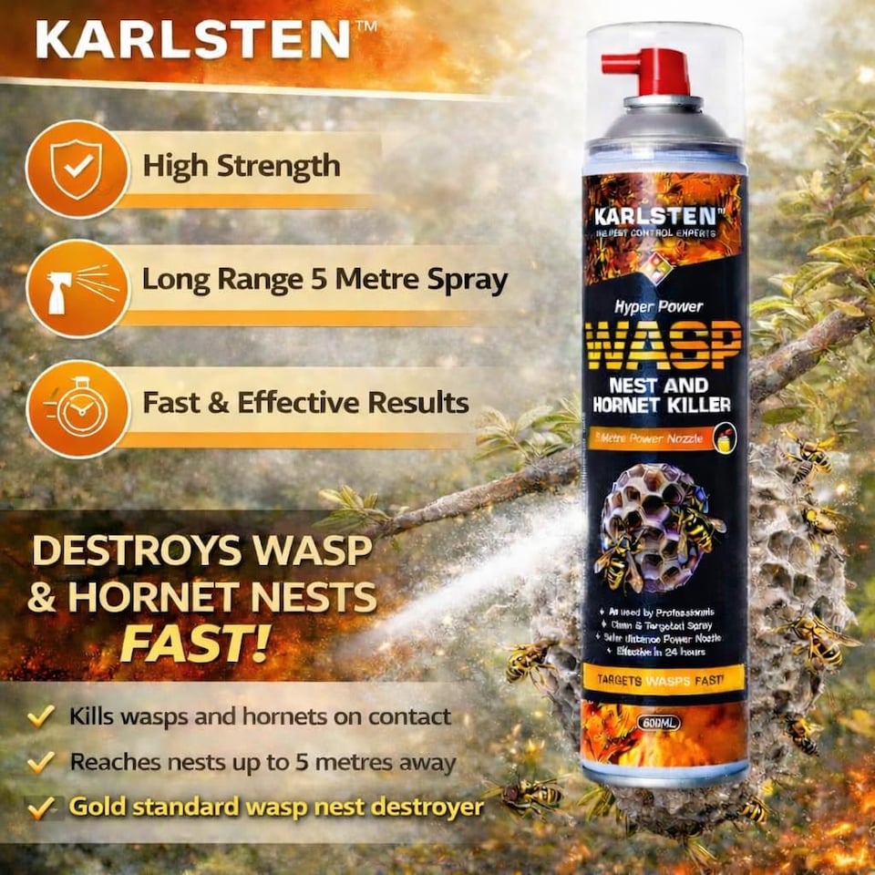 image 1 of Karlsten Hyper Power Wasp Nest & Hornet Killer Spray - 600ml High Strength Long Range 5 Metre Spray for Indoor and Outdoor