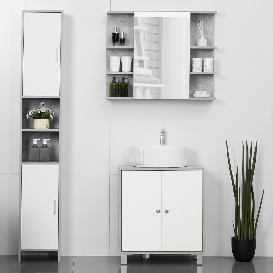 image 1 of kleankin Under Sink Cabinet, Bathroom Vanity Unit, Storage Cupboard with Adjustable Shelves, White and Grey | White | White, Grey