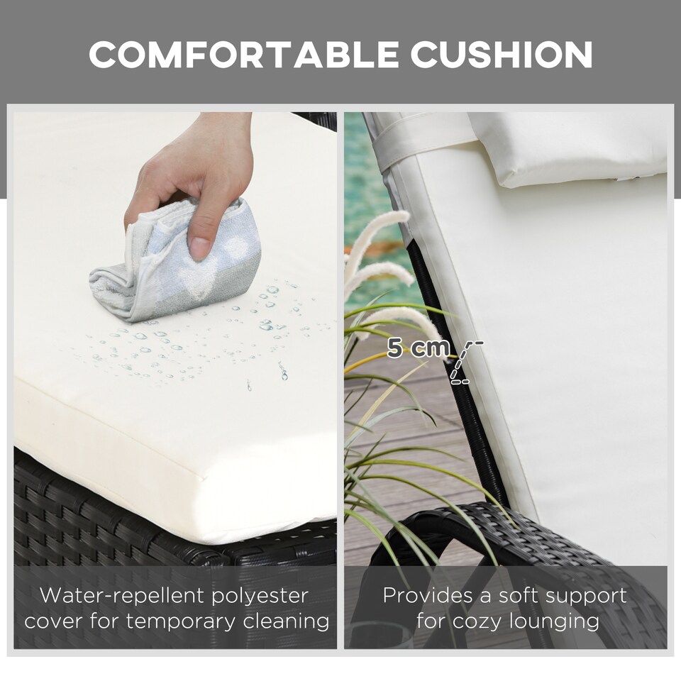 image 1 of Outsunny Rattan Sun Loungers for Garden Set of 2 with Side Table, Garden Recliner Sunbeds with Adjustable Back, Wheels, Cushions and Headrest, 3 Pieces Garden Furniture Set for Outdoor, Patio, Black