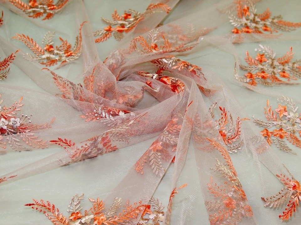 Pink Embroidered Lace Tulle Fabric for Bridal, Dressmaking, 142.5cm / 56" Wide - per metre