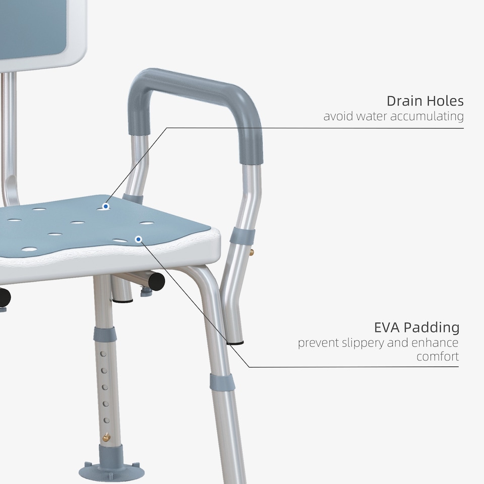 image 1 of HOMCOM EVA Padded Shower Stool with Arms 4 Suction Foot Pads, Light Blue