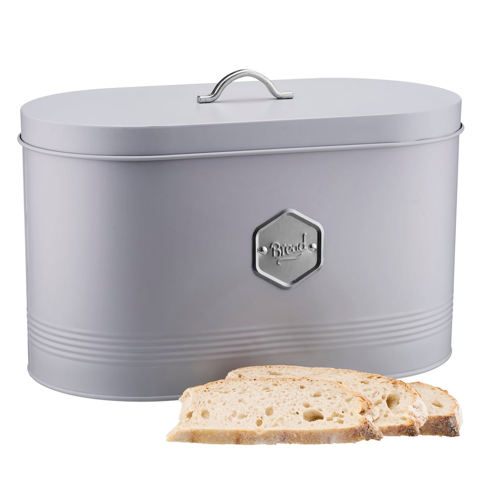 image 1 of Cooks Professional Bread Bin - Metal Food Storage Cannister with Nameplate | Grey | Grey & Silver