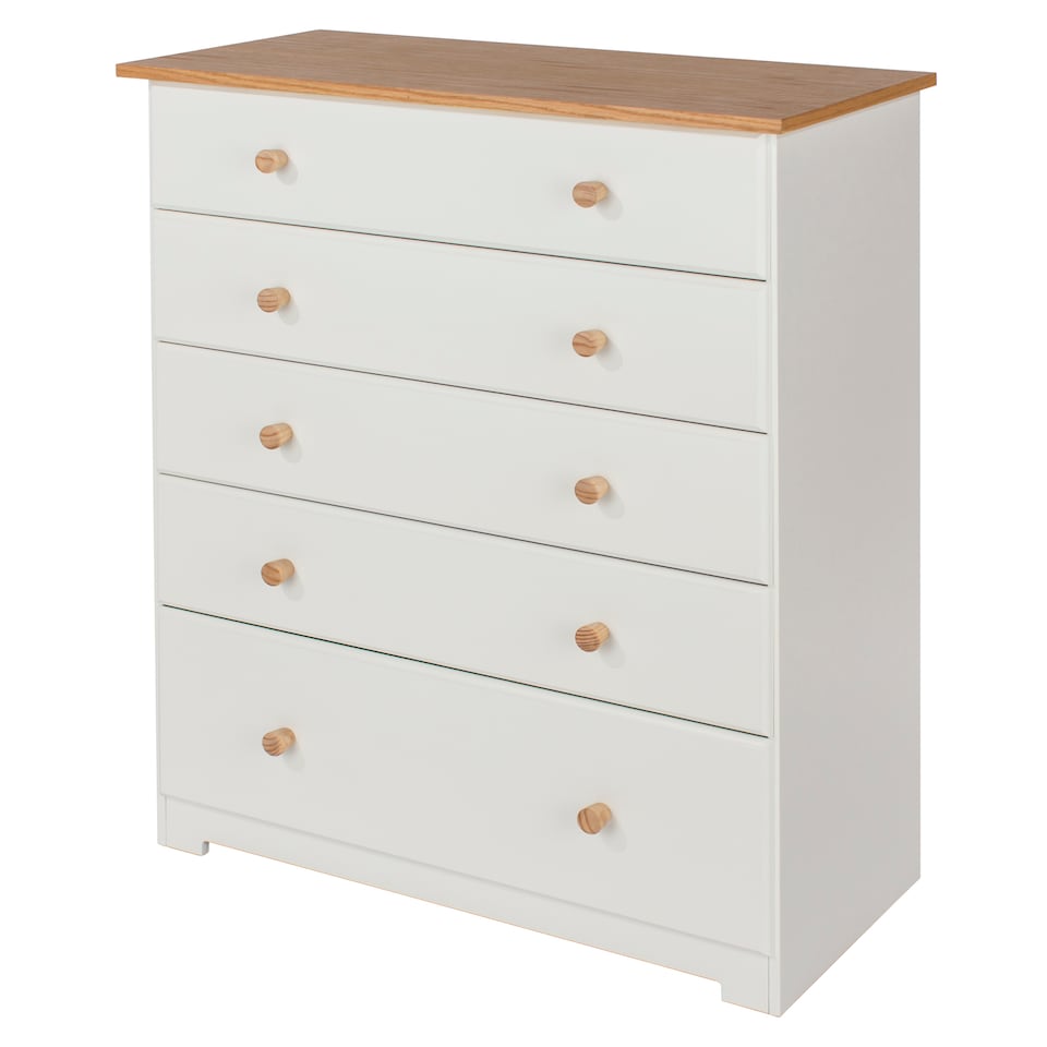 image 1 of Colorado Soft White 5 Drawer Chest - Painted Wood Bedroom Storage Cabinet with Oak Effect Top | White | White | 1