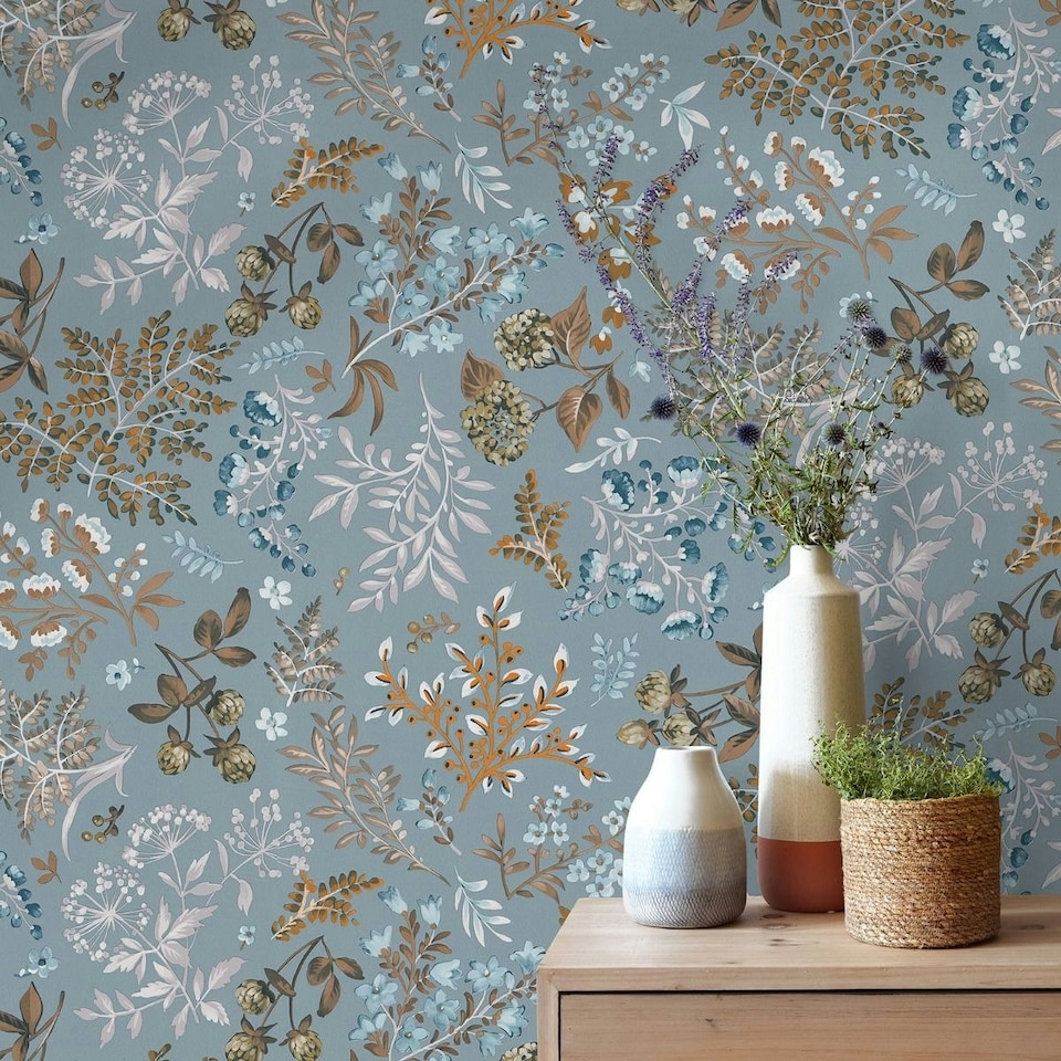 image 1 of Erismann Abode Cottage Floral Leaves Wallpaper - Duck Egg/Multicoloured - 10m x 53cm Blue
