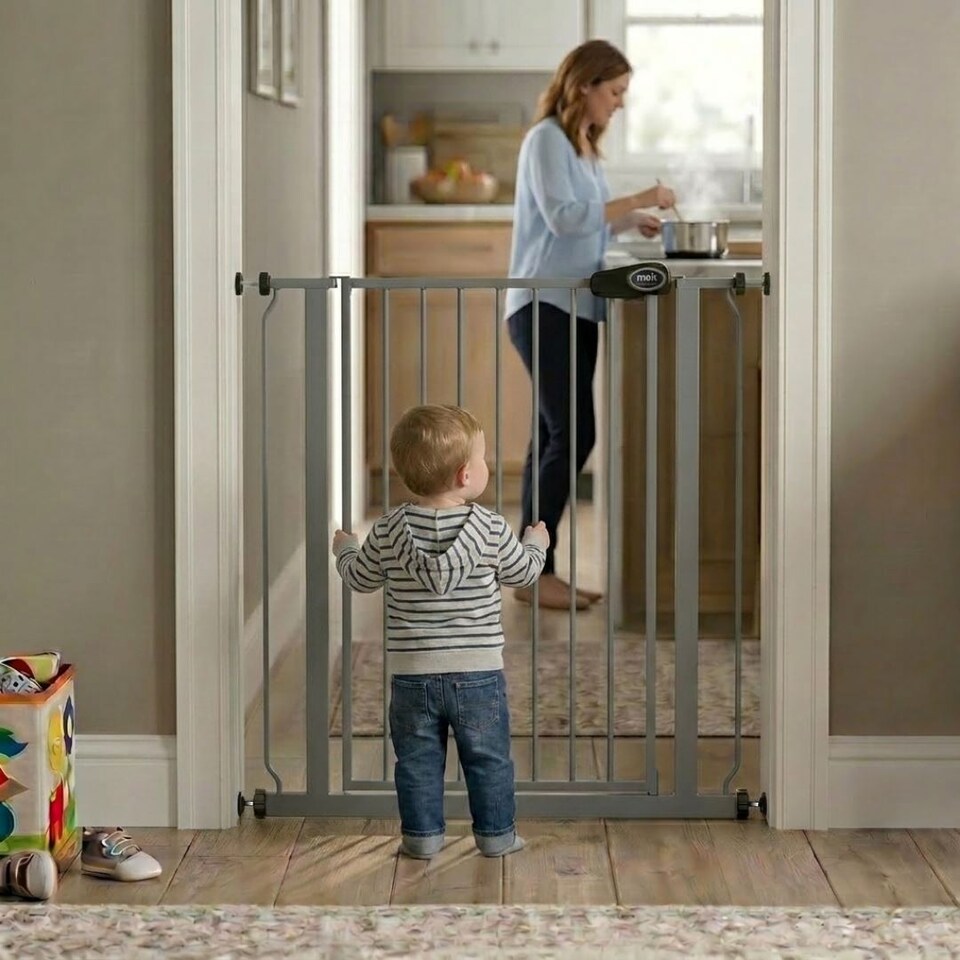 image 1 of Safetots Extra Tall Metal Safety Gate Pressure Fit, 107.4cm - 115cm, Slate Grey, 104cm in Height, Extra Tall Stair Gate, Tall Baby Gate, Easy Installation