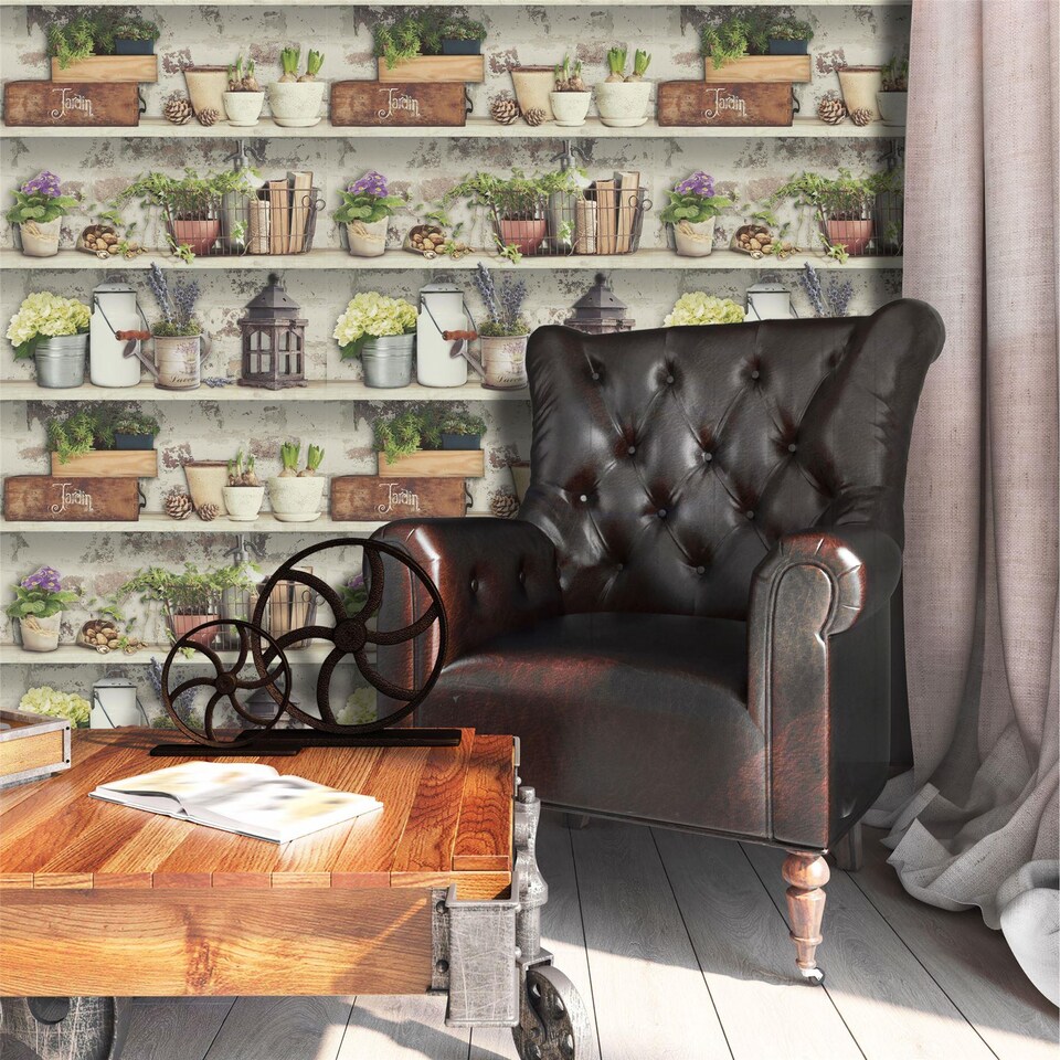 image 1 of Shades Flower Pots Wallpaper Garden Rustic Shelves Distressed Green Grey White