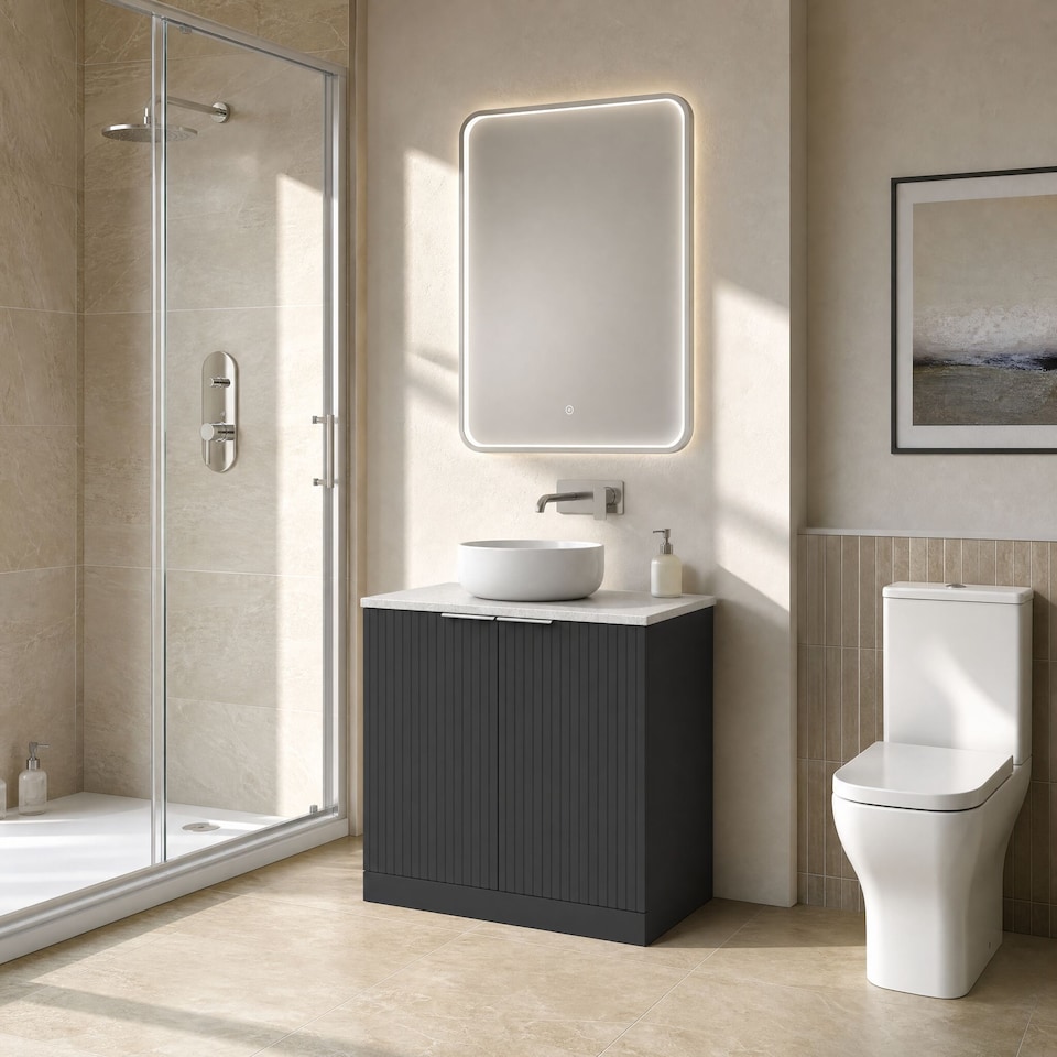 image 1 of Balterley Callingwood Contemporary Floor Standing 2 Door Vanity Unit with White Nebula Laminate Worktop , 800mm, Dark Grey