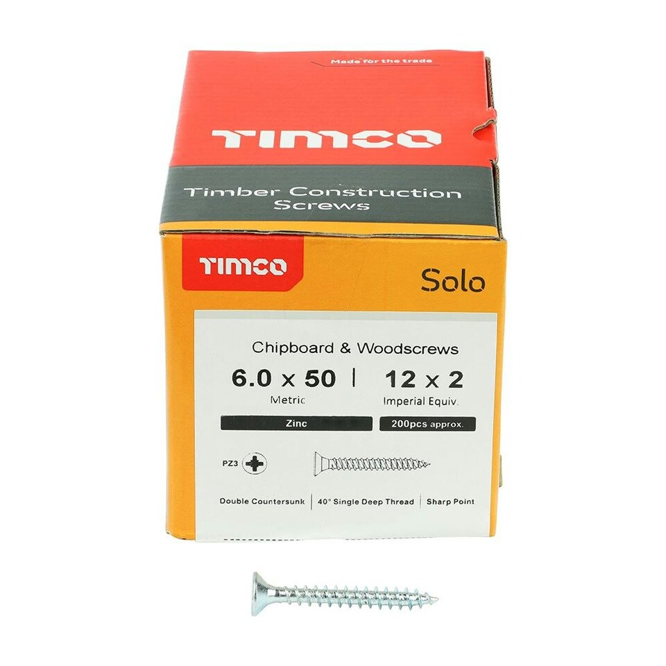 image 1 of Timco - Solo Chipboard & Woodscrews - PZ - Double Countersunk - Zinc (Size 6.0 x 50 - 200 Pieces)