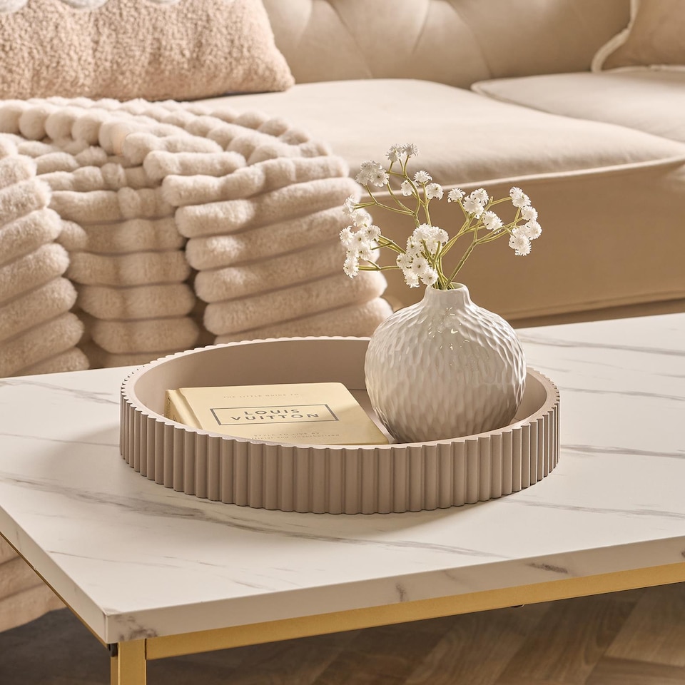 image 1 of OHS Ribbed Round Decorative Tray Table Organiser Countertop Storage | Grey | Natural