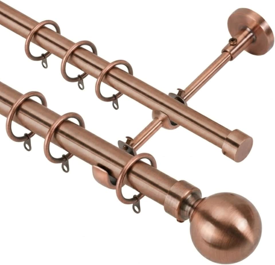 image 1 of Lister Cartwright Double Curtain Extendable Pole Set with Antique Copper Ball Finials- 19mm & 28mm Metal Poles(120- 320 cm)