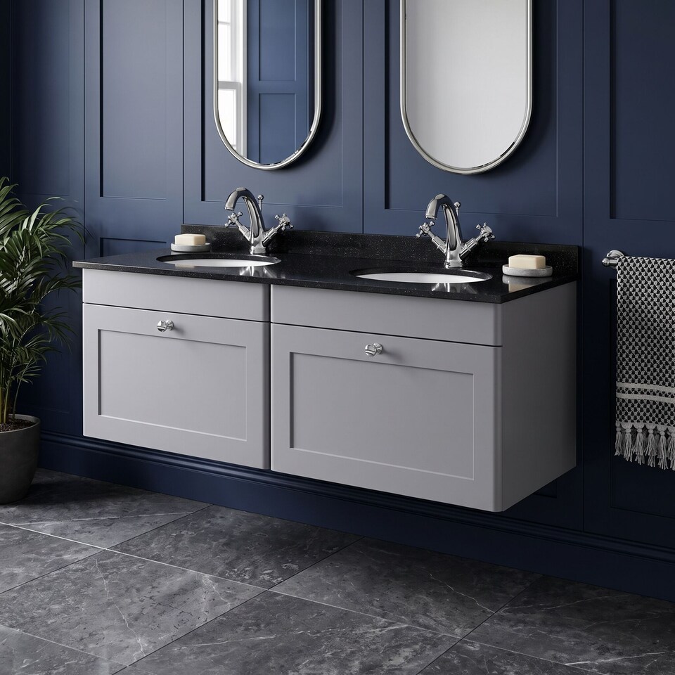 image 1 of Balterley Swynnerton Traditional 2 Drawer Wall Hung Vanity Unit with Double Marble Basin, Satin Grey, 1200mm