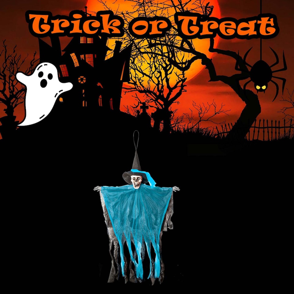 image 1 of vfm-estore Blue Hanging Skeleton Halloween Decoration with Light-Up Eyes