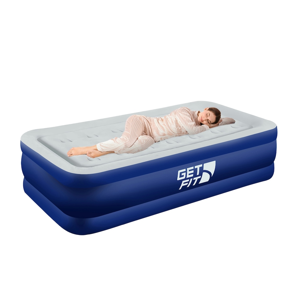 image 1 of Get Fit Air Bed with Built In Electric Pump - Single Size - Blow Up Bed with Free Pillow - Elevated Inflatable Air Mattress for Outdoor, Camping- Navy/White