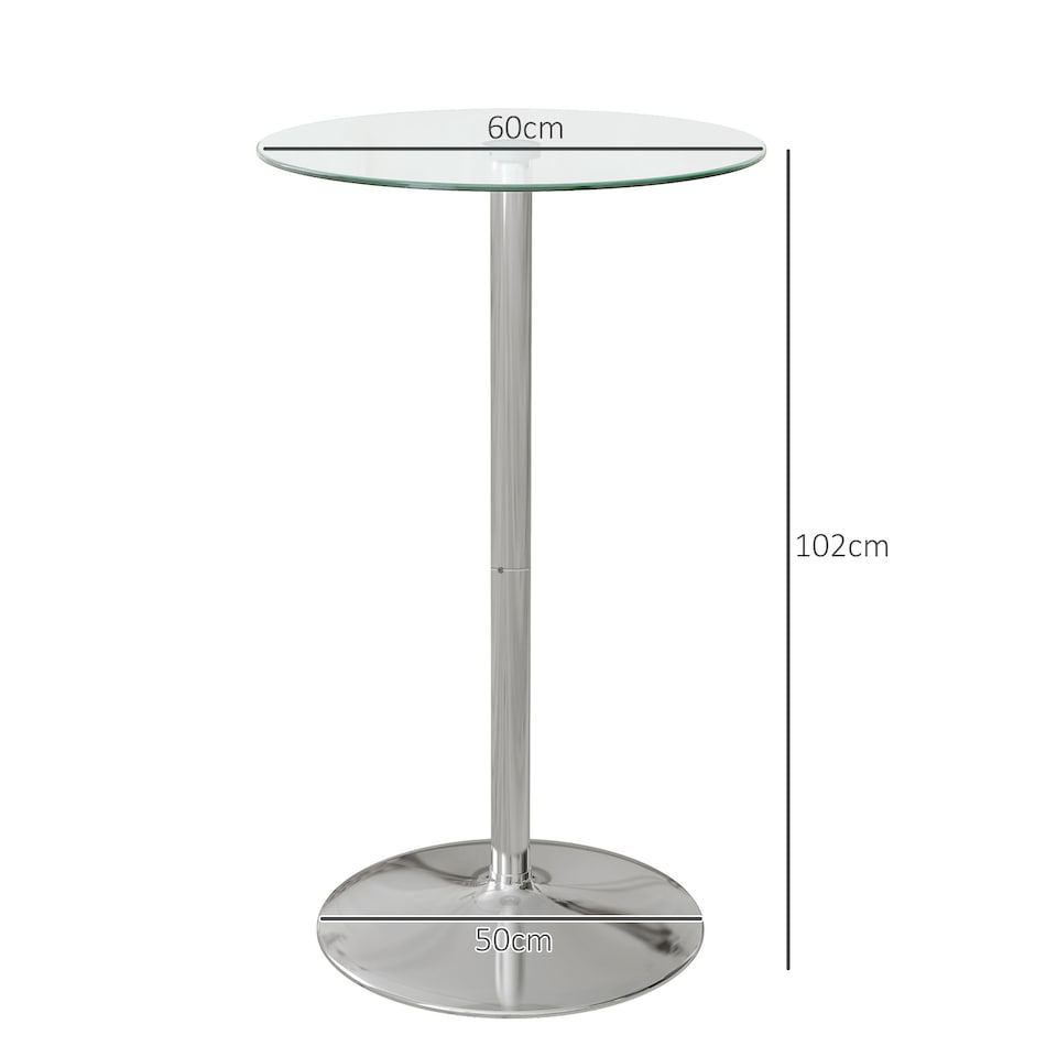 image 1 of HOMCOM Round Bar Table, Modern Dining Table with Tempered Glass Top and Steel Frame for 2, Easy Assembly for Breakfast Bar, Dining Room, 60 x 60 x 102cm, Clear