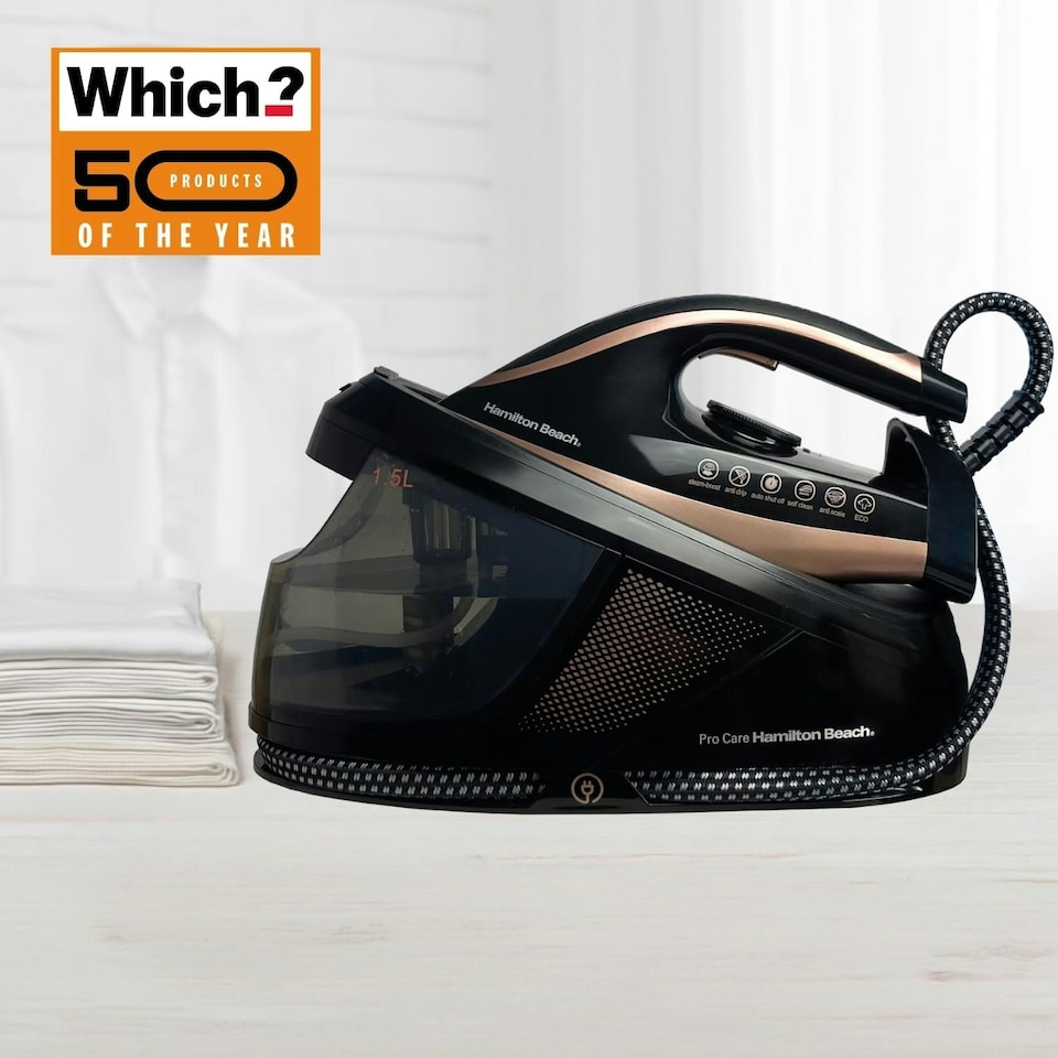 image 1 of Hamilton Beach Procare Steam Generator Iron, 3100W, Pro Care, 3 Bar Pressure, Vertical Steam, Non-Stick Soleplate, Auto Shut Off