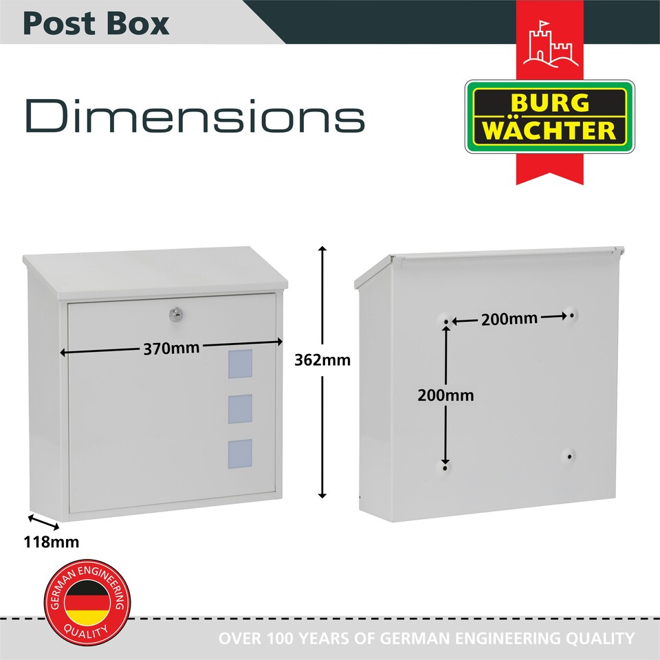 image 1 of Burg-Wachter Aire Wall Mounted Galvanised Steel Lockable Weatherproof Post Box - 37x37x11cm White