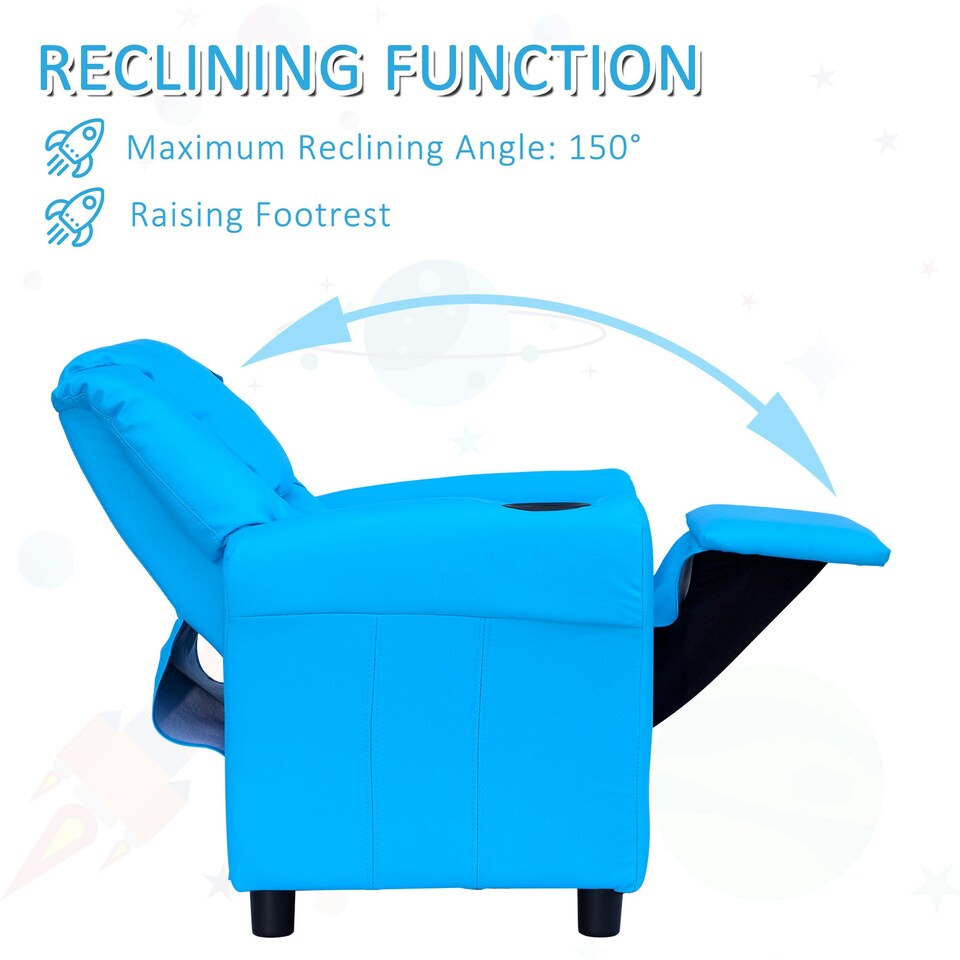 image 1 of HOMCOM Kids Recliner Chair w/ Cup Holder, PU Leather Children Lounger, Blue Blue