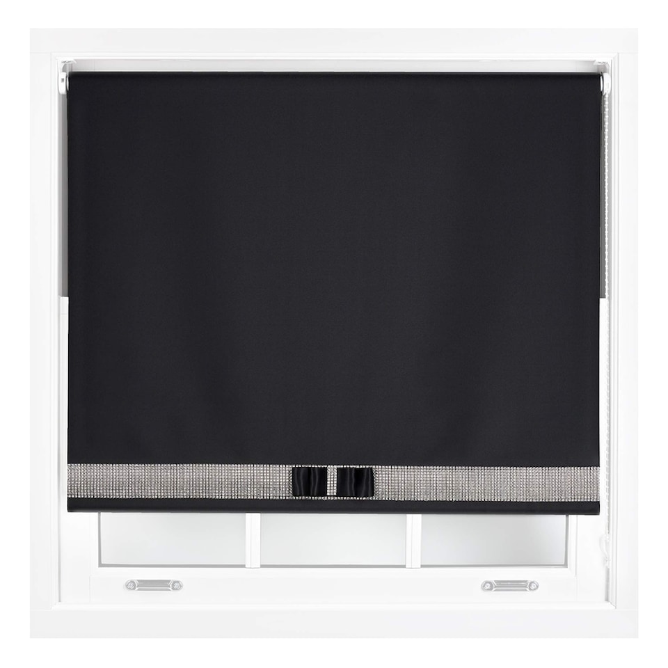 image 1 of FURNISHED Blackout Roller Blinds with Diamante Trim and Bow Cut to Size | Black | Black | (W) 240cm x (L) 210cm