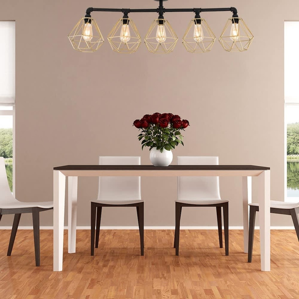 image 1 of ValueLights Industrial 5 Way Satin Black Pipework Ceiling Light With Gold Cage Shades | Black
