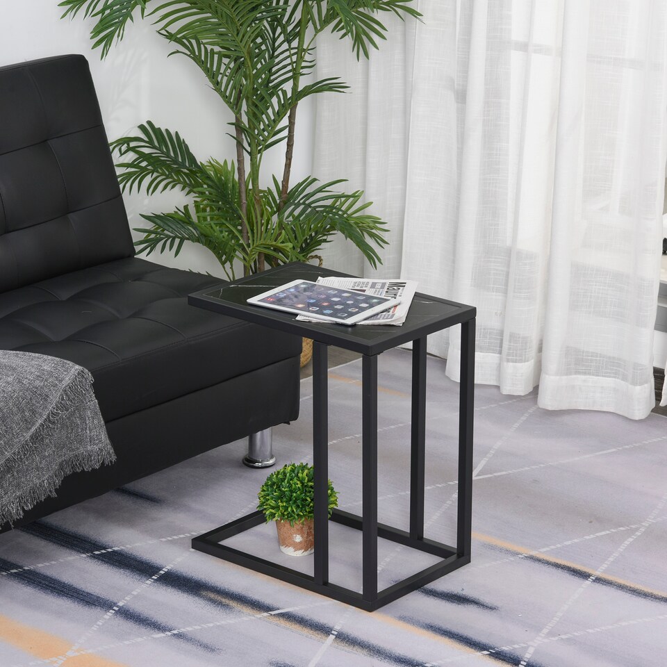 image 1 of HOMCOM C Shape End Table withMetal Frame Sofa Side Table Narrow Snack Coffee Table for Living Room, Black Marble Effect | Black