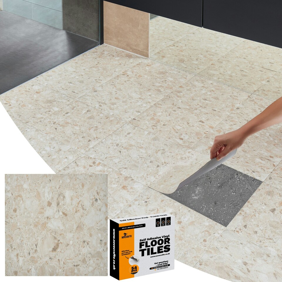 image 1 of NOVECRAFTO Vinyl Floor Tile – Self Adhesive 12x12 in – Desert Terrazzo – Peel & Stick for Kitchen, Bathroom & Living Room – Waterproof & Easy DIY Brown | 5.57 sqm