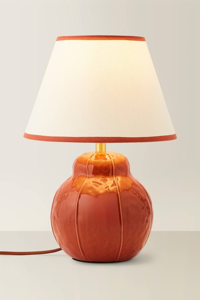 image 1 of ValueLights Gourdette Burnt Orange Glazed Table Lamp Taper Trim Shade and Bulb