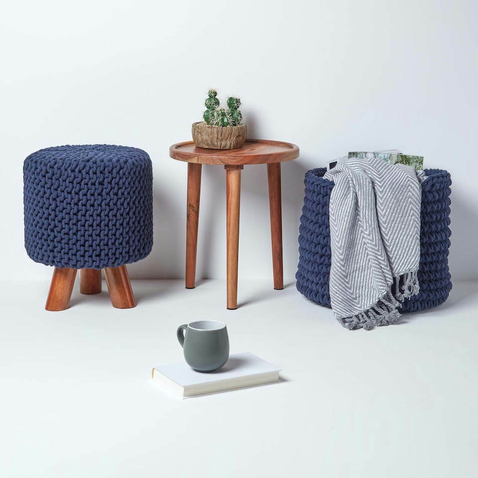 image 1 of Homescapes Navy Tall Cotton Knitted Footstool on Legs