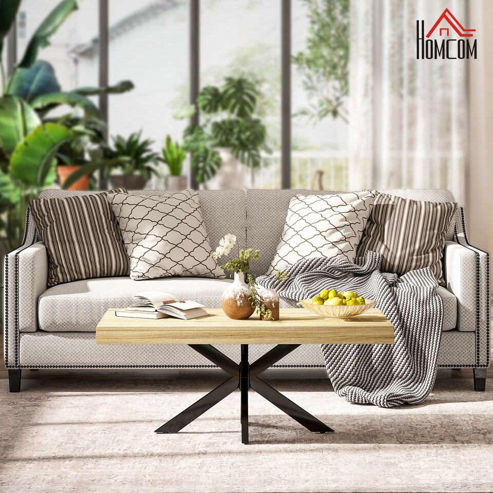 image 1 of HOMCOM Industrial Coffee Table, Rectangular Centre Table with Crossed Steel Frame for Living Room, Tea Table, 110 x 60 x 45cm, Natural Wood Finish | Yellow