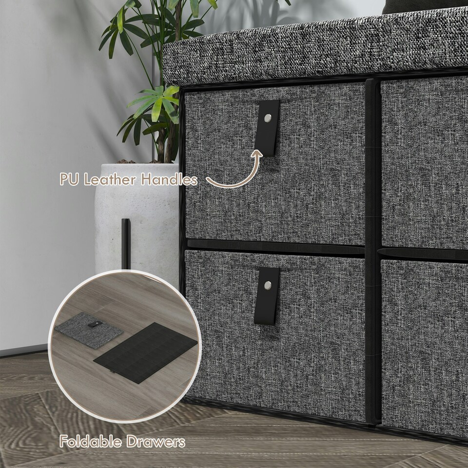 image 1 of HOMCOM Shoe Bench with Cushioned Seat, 6 Fabric Drawers for Entryway Hallway | Grey | Black