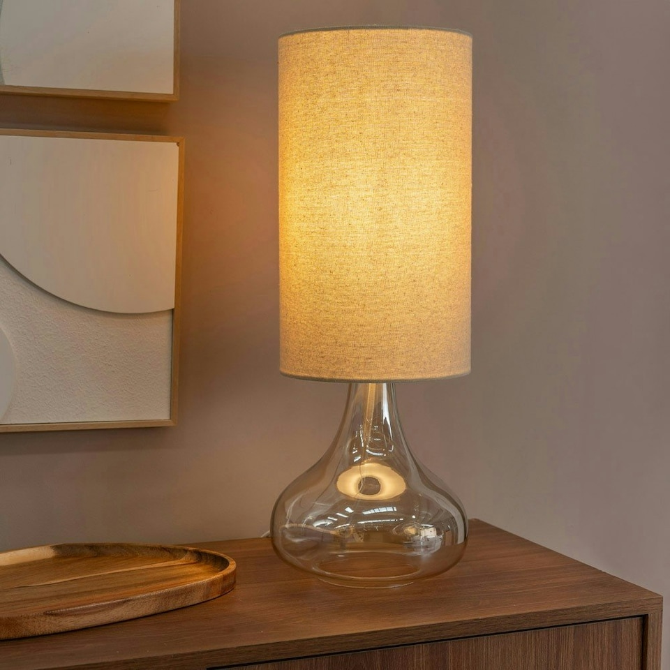 image 1 of ValueLights Sylvie Natural Linen Tall Lamp Shade Amber Glass Squat Table Lamp with LED Bulb Clear