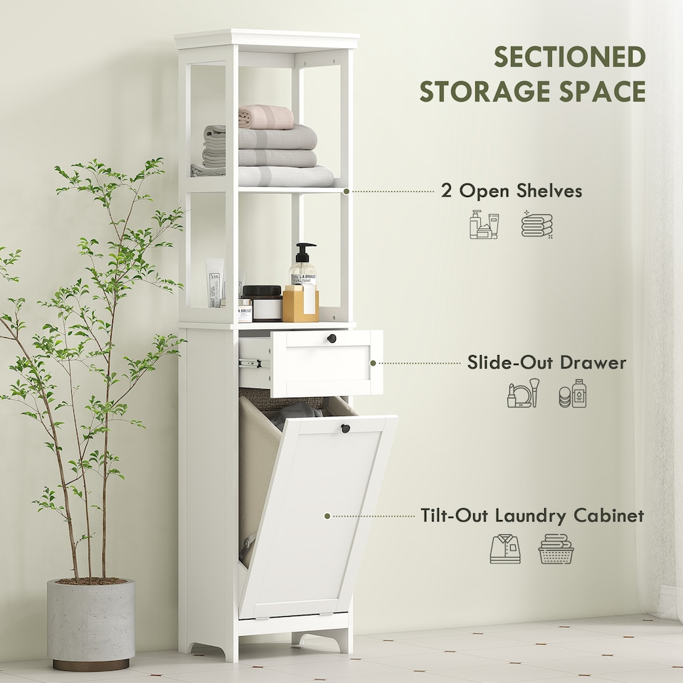 image 1 of HOMCOM Tall Bathroom Cabinet with Removable Laundry Basket, Slim Bathroom Storage Unit with Tilt-Out Laundry Cabinet, 2 Open Shelves and Drawer, 40 x 30 x 165 cm, White | White | White