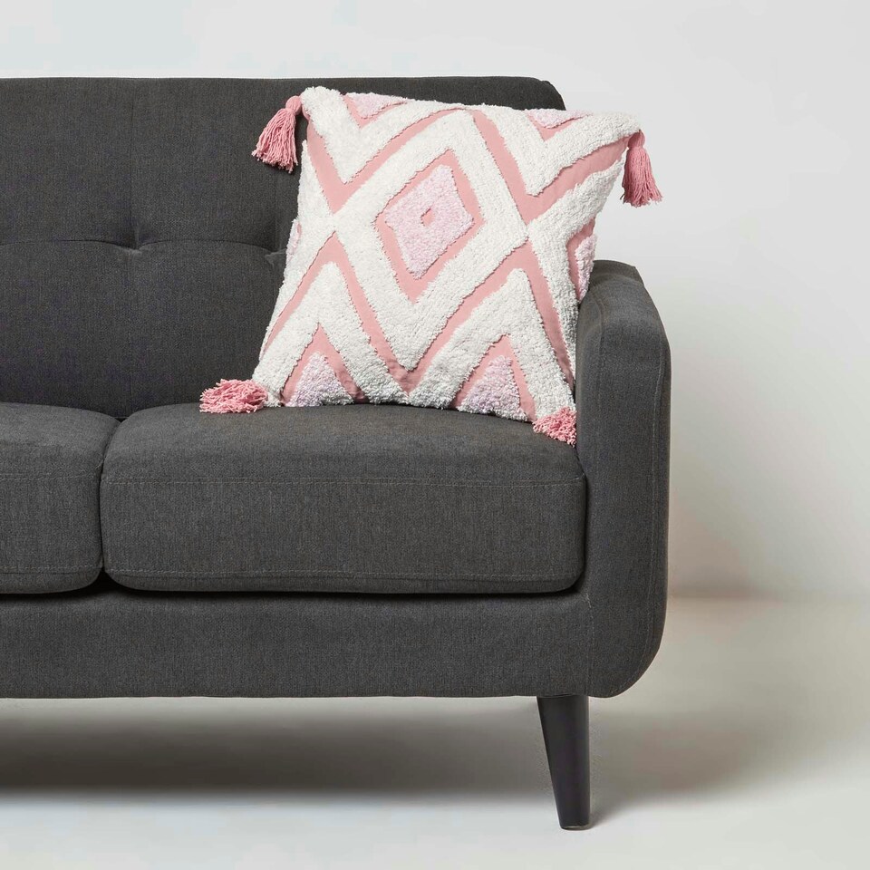 image 1 of Homescapes Geometric Ikat White & Pink Tufted Cotton Cushion with Tassels - 45 x 45 cm