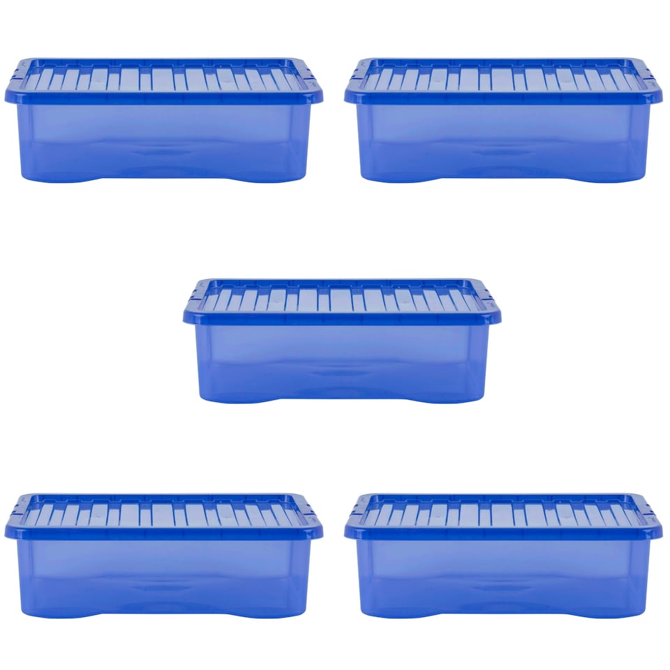 image 1 of Wham Crystal 5 x 32L Stackable Plastic Storage Boxes with Lids Blue