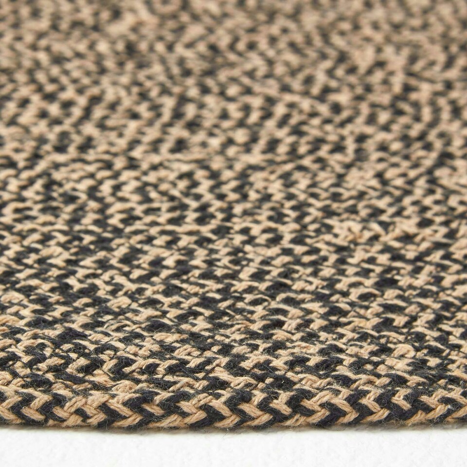 image 1 of Homescapes Linen and Black Handmade Woven Braided Rug - 120 cm Round Cream | 120 cm Round