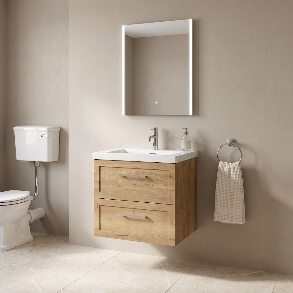 image 1 of Balterley Stonnall Traditional Wall Hung 2 Drawers Vanity Unit with 1 Tap Hole Fireclay Basin, 600mm, Autumn Oak