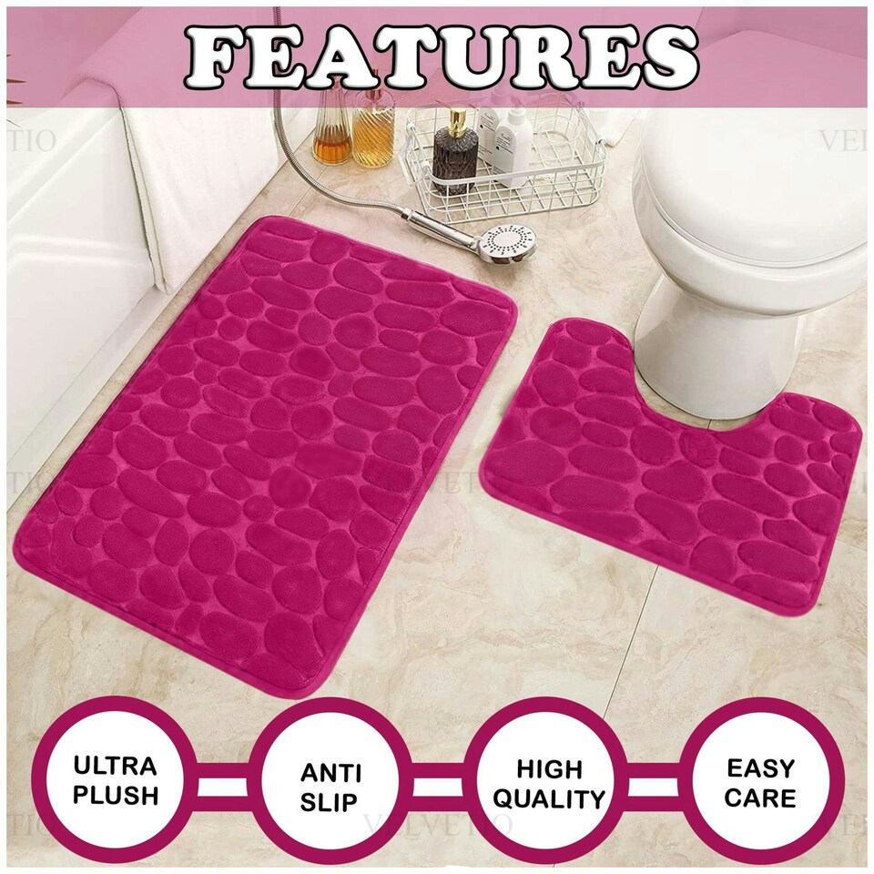 image 1 of VELVETIO 2Pc Pebble Bath Mat Set Memory Foam Bathroom Toilet Rugs Pink