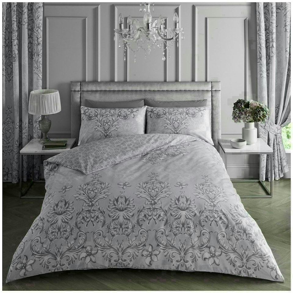 image 1 of VELVETIO Antoinette Printed Duvet Cover Set Reversible Polycotton Beddings Grey | Double