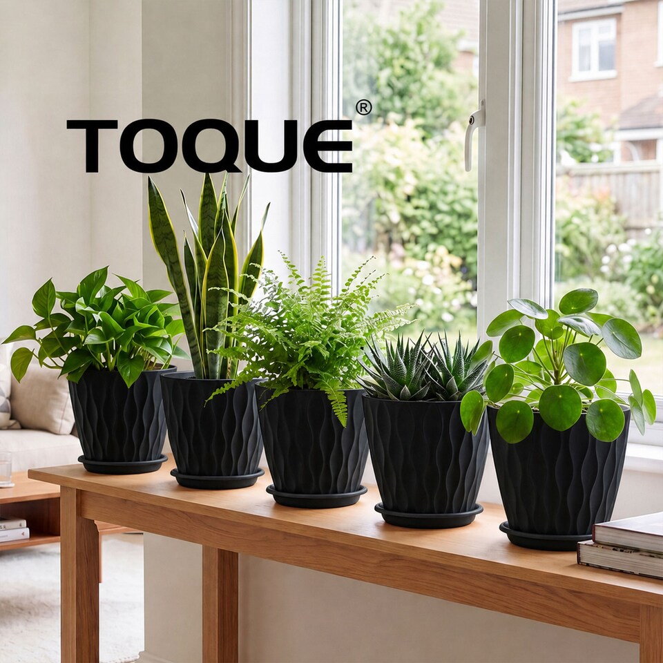 image 1 of TOQUE Plant Pots,5Pc 20cm Plant Pots Indoor,Drainage,PP Plastic,Black