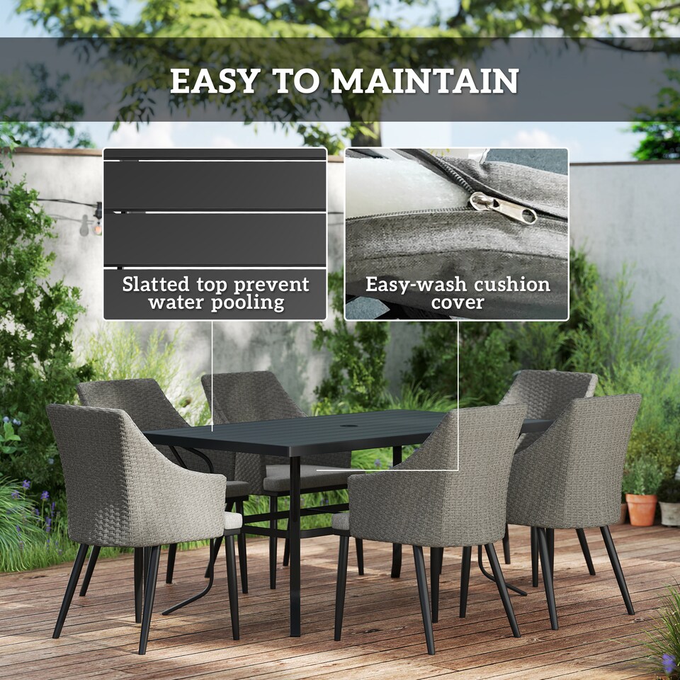 image 1 of Outsunny 6 Seater Rattan Dining Set with Cushions, Garden Furniture Set with Armchairs, Rectangle Slatted Table Top, Steel Frame, Parasol Hole, Wicker Outdoor Furniture for Patio, Balcony, Grey