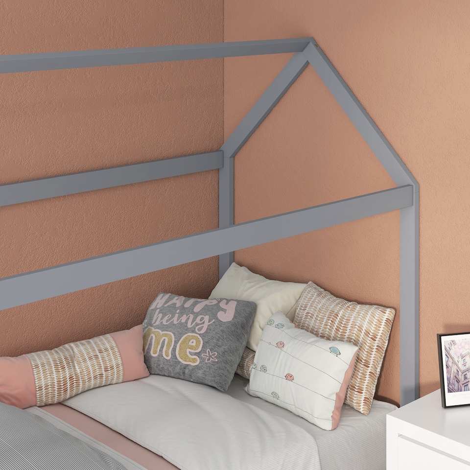 image 1 of HOMCOM Wooden Single Bed Frame with Tree House Style, Grey