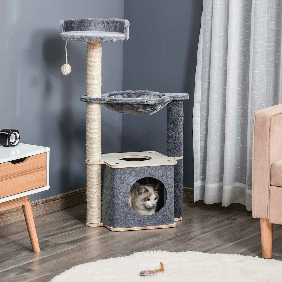 image 1 of PawHut 95cm Cat Tree Tower for Indoor Cats with Scratching Post Condo, Grey