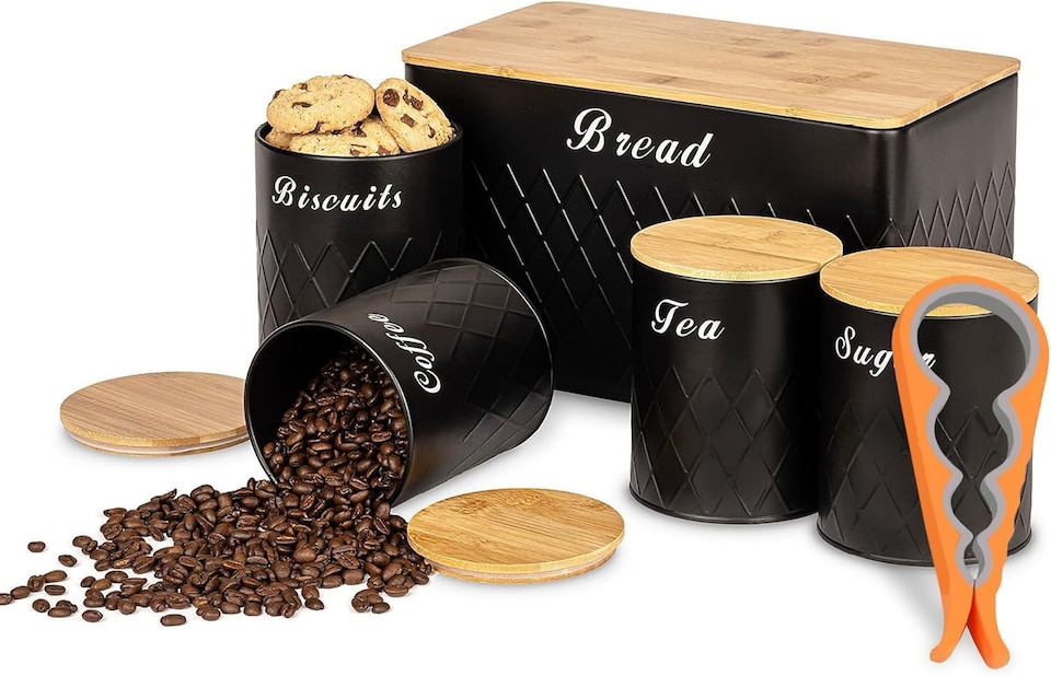 image 1 of 6Pcs Kitchen Storage Canister Jars with Can Opener Airtight Bamboo Lid Tea Coffee Sugar Bread Tins Set