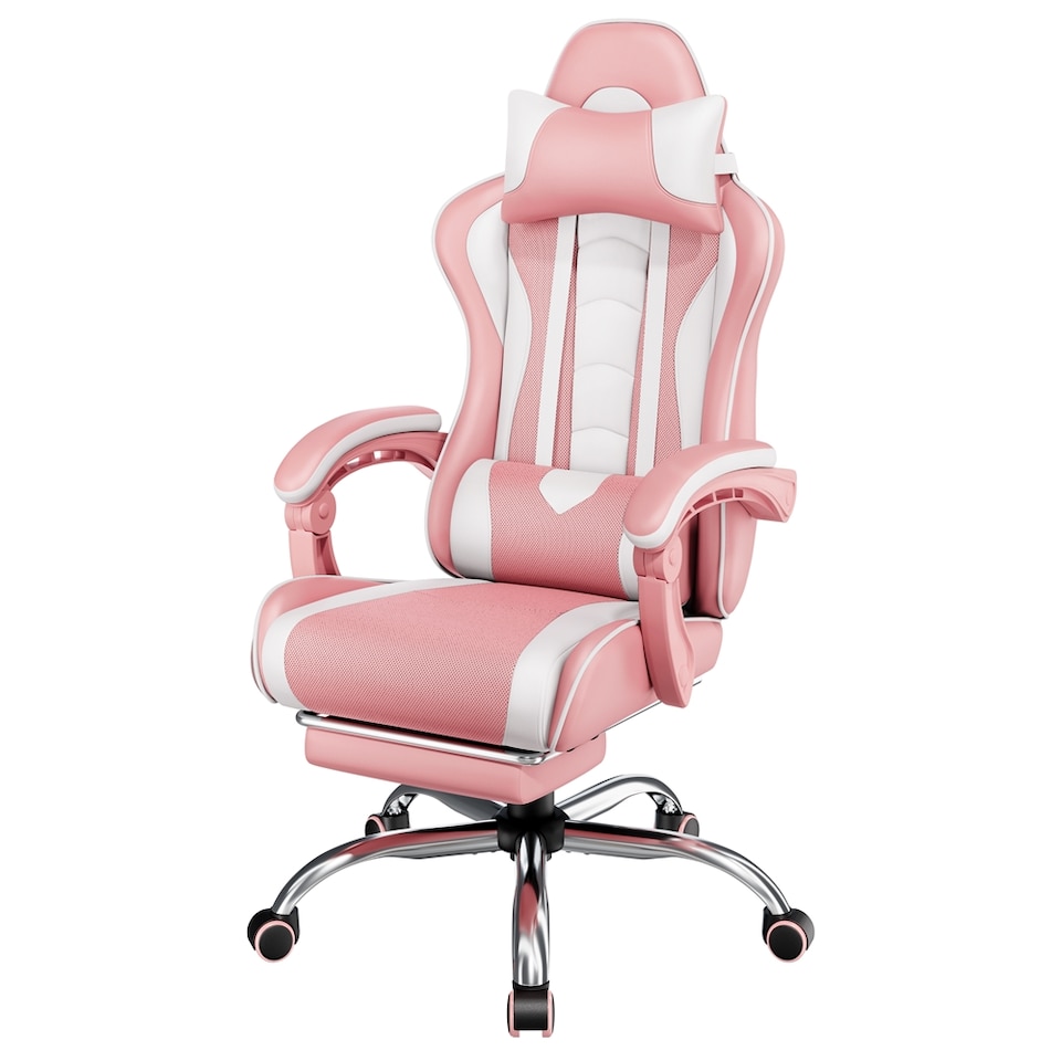 image 1 of Yaheetech Ergonomic Computer Chair with Massage Lumbar Pillow | Multi | Pink/White | One Size | 1